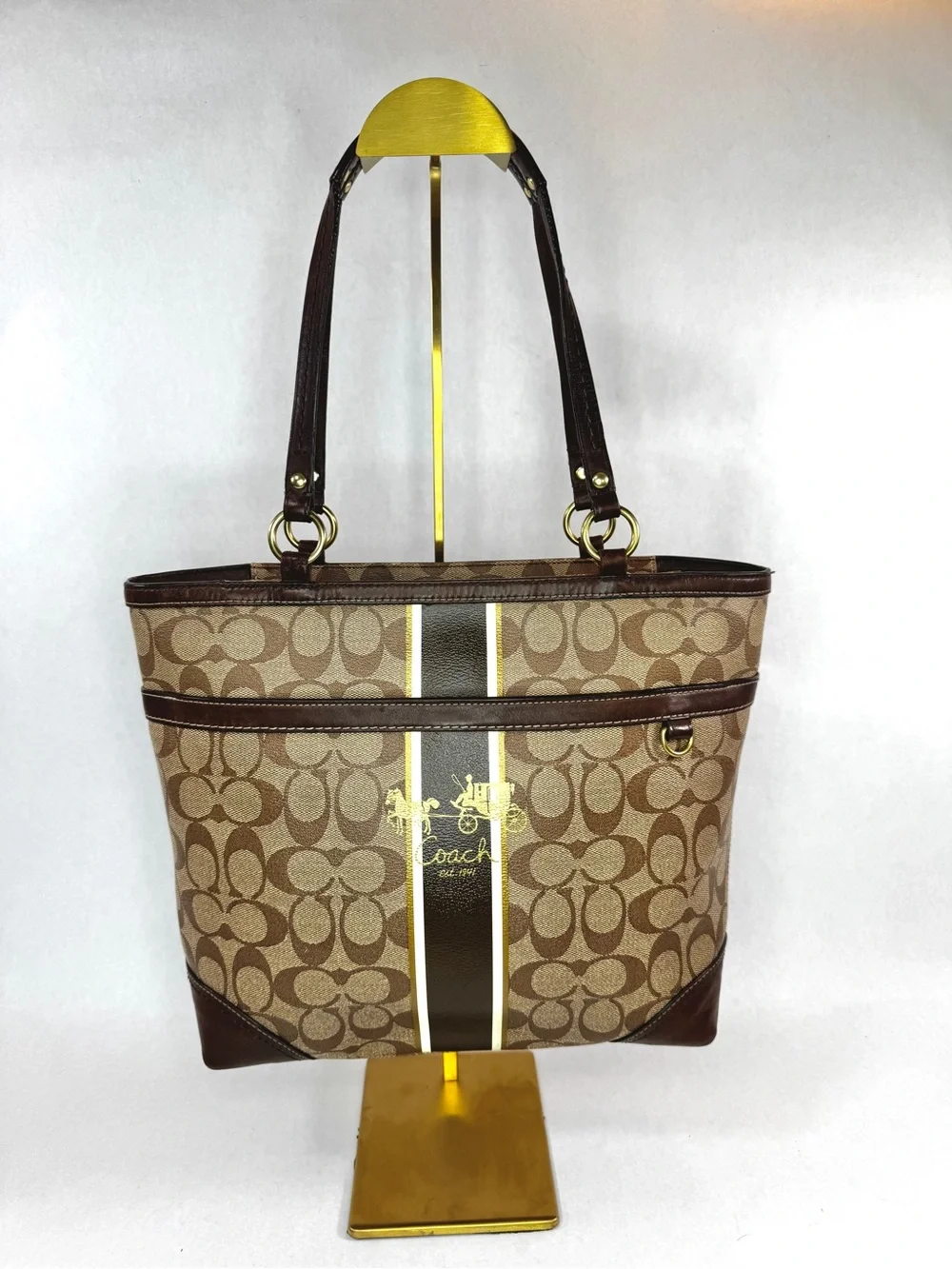 Coach Signature Stripe Tote Bag Brown Jacquard Canvas & Leather Shoulder Bag